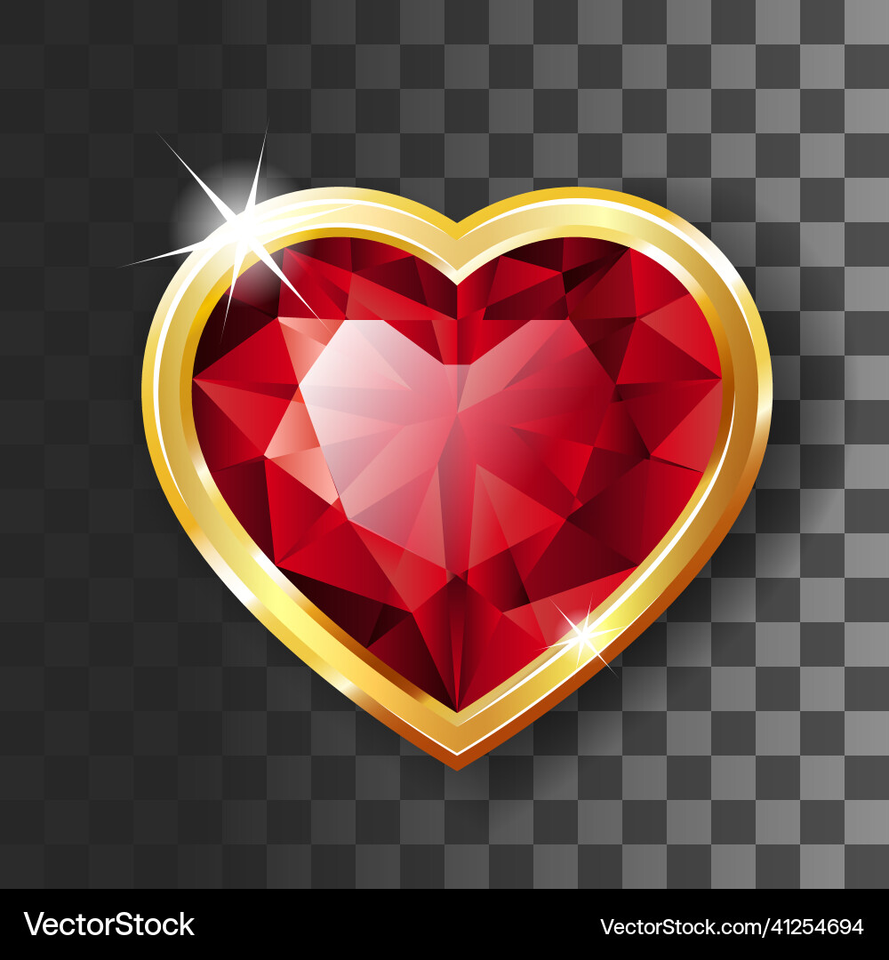 Shiny red ruby crystal heart shape golden frame vector image