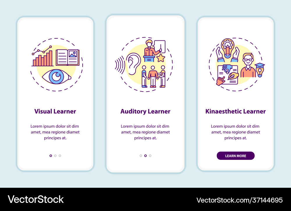 Learning styles onboarding mobile app page screen Learning styles onboarding mobile app page screen vector image