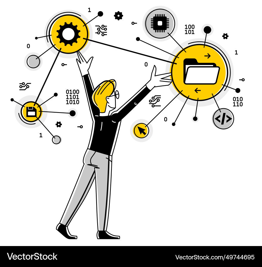 Programmer is coding and repairing some machine Programmer is coding and repairing some machine vector image