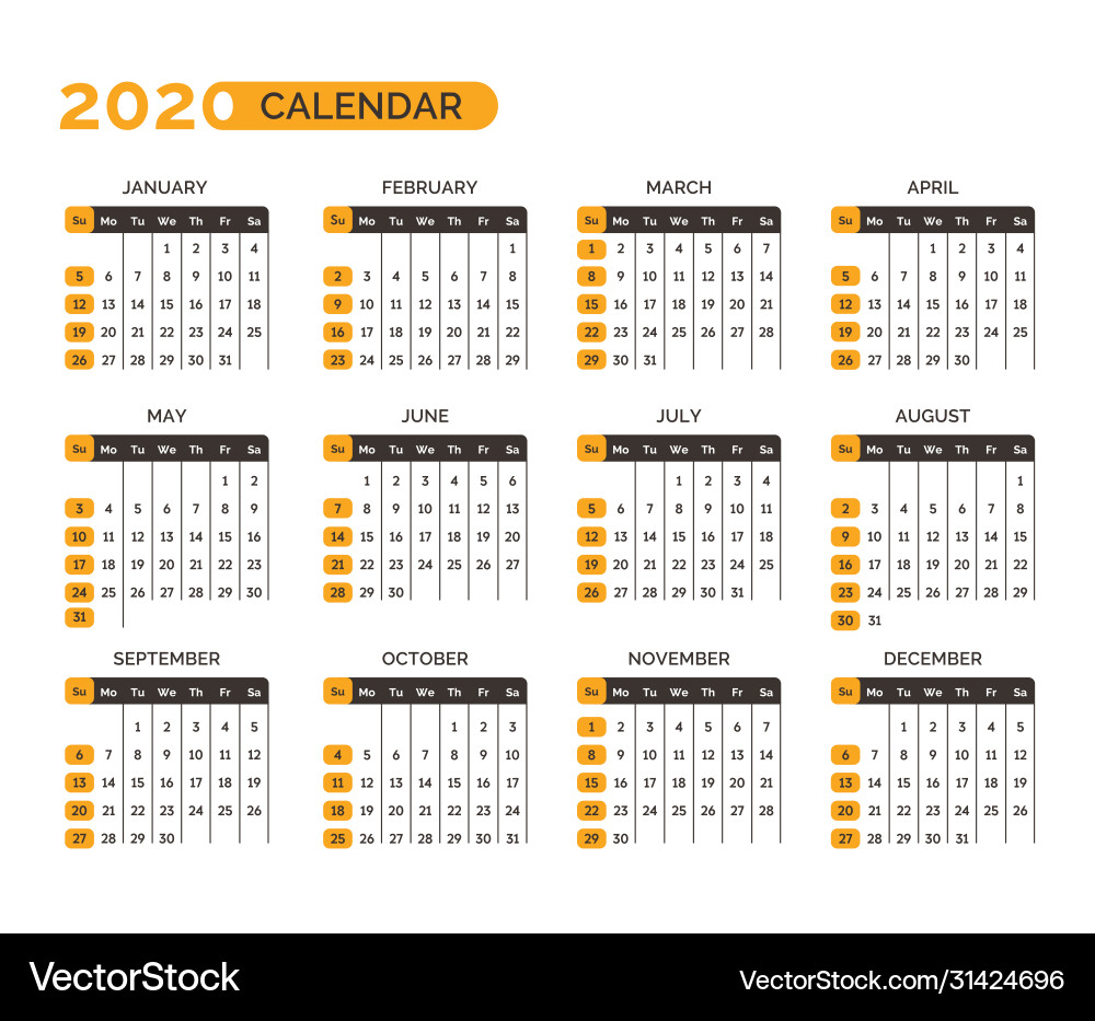 Calendar for 2020 year with months and weeks vector image