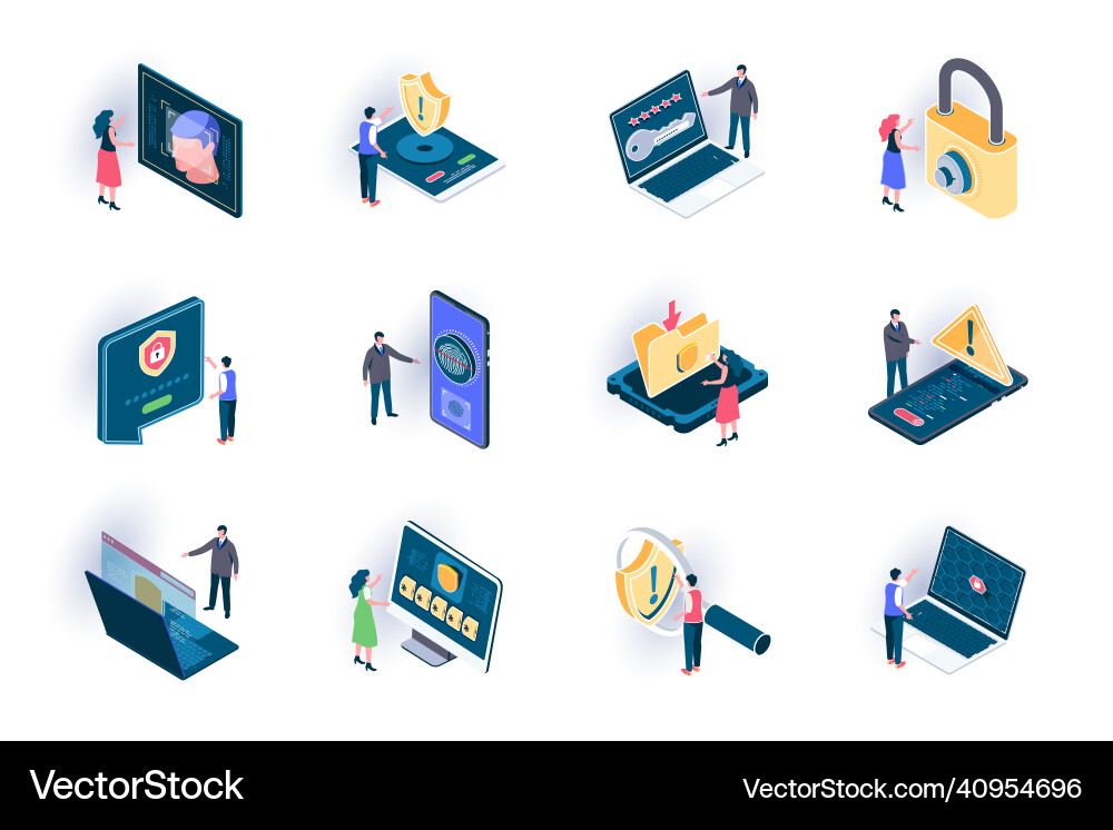 Cyber security isometric icons set secure Cyber security isometric icons set secure vector image