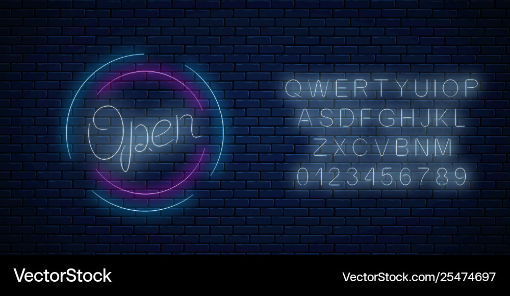Neon open sign in circle shape with alphabet Neon open sign in circle shape with alphabet vector image
