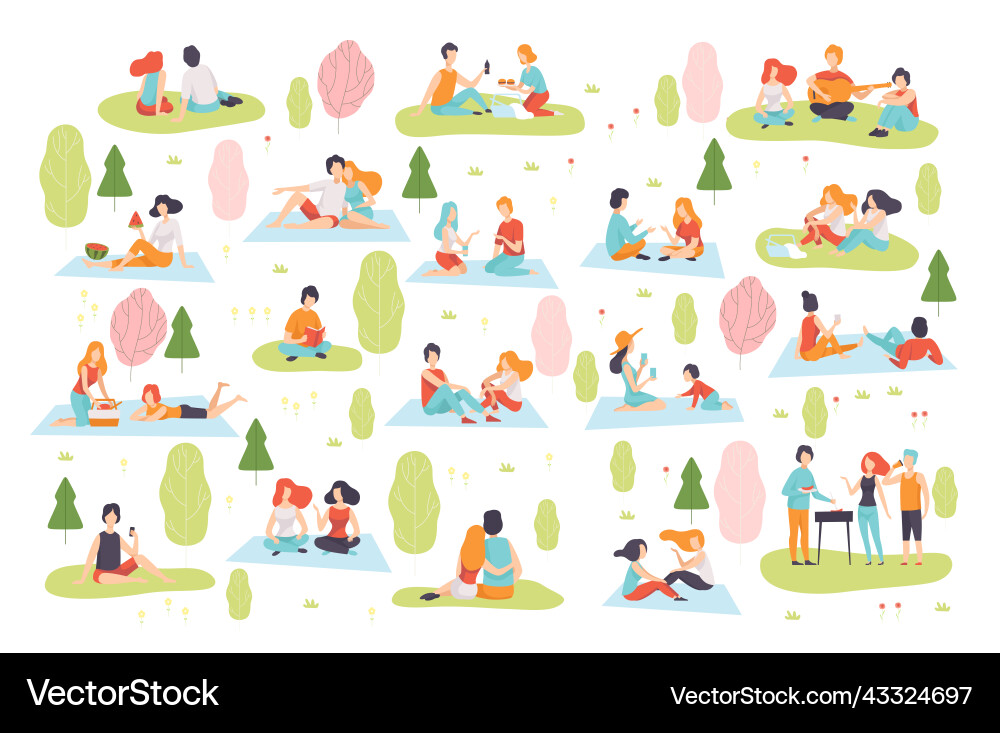 People characters at picnic sitting on grass People characters at picnic sitting on grass vector image