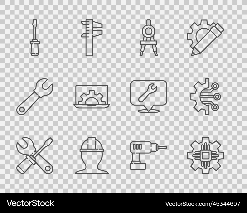Set line screwdriver and wrench spanner processor Set line screwdriver and wrench spanner processor Vector Image