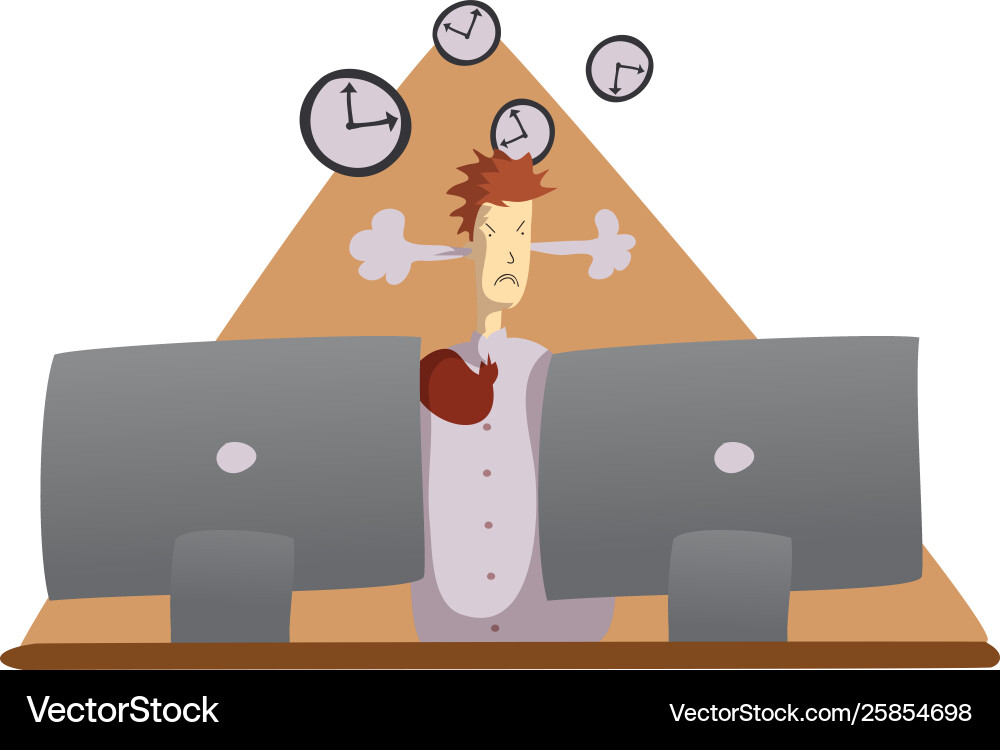 Angry man sits at a table with two computer Vector Image