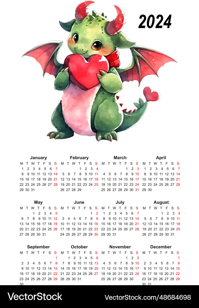 Calendar 2024 dragon watercolor chinese template Calendar 2024 dragon watercolor chinese template vector image