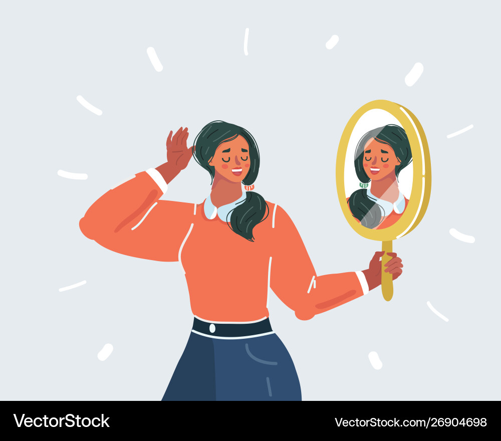 Young woman looking herself reflection in mirror Vector Image