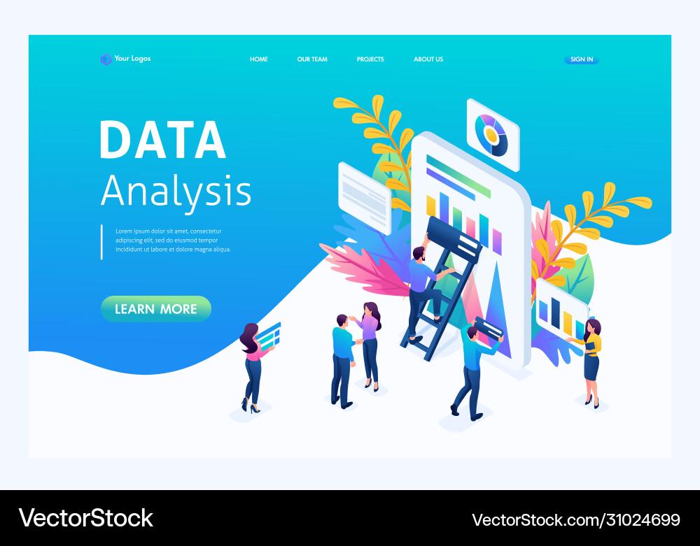 Isometric concept the process of analyzing data vector image