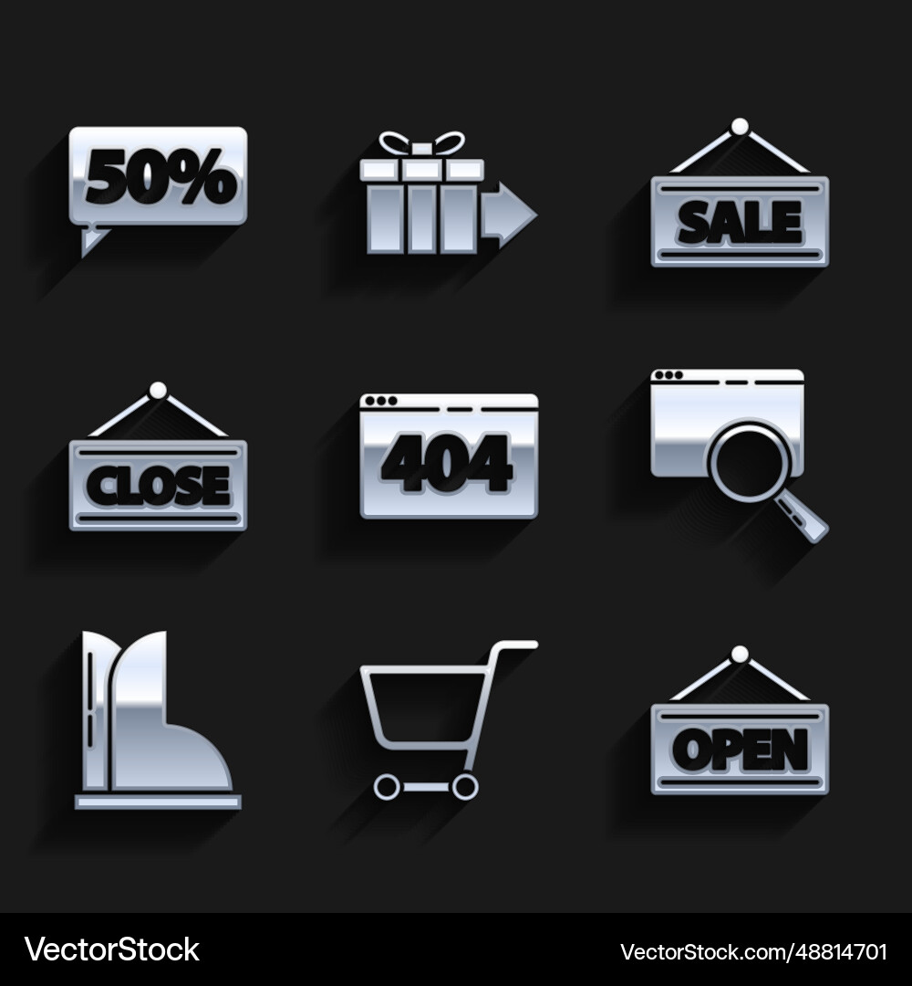 Set page with a 404 error shopping cart hanging Set page with a 404 error shopping cart hanging Vector Image