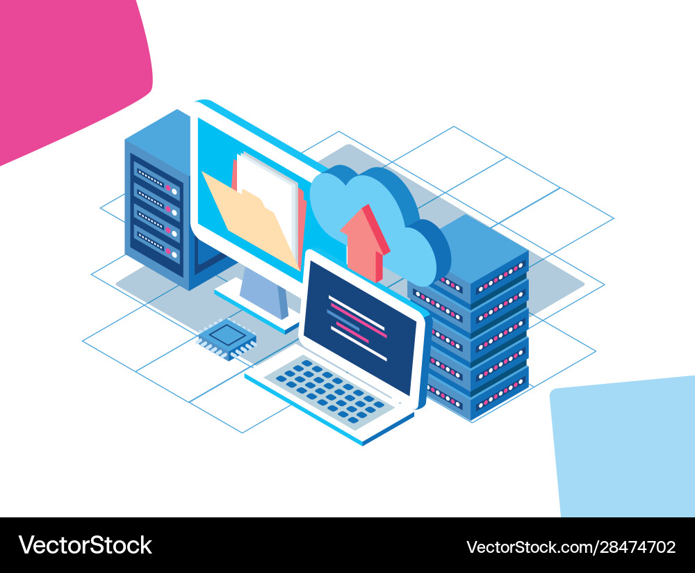 Computers and data center servers with cloud vector image