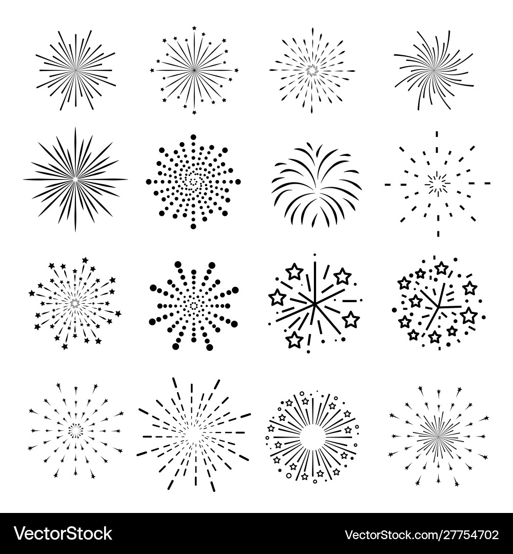 Firework line icon set and happy new year Firework line icon set and happy new year vector image