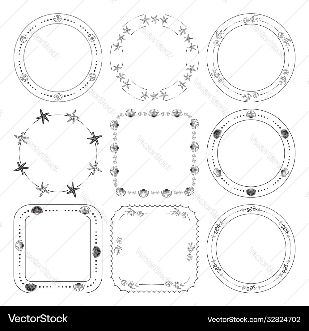 Round and quadrate frames with fish seashells Round and quadrate frames with fish seashells vector image