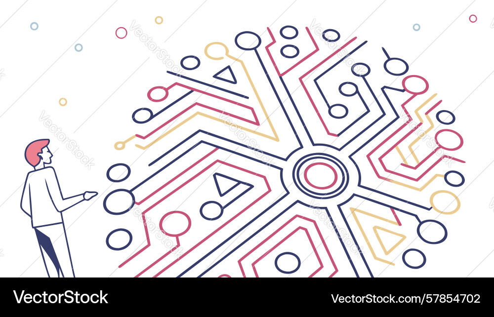 User interacting with abstract digital circuitry Vector Image