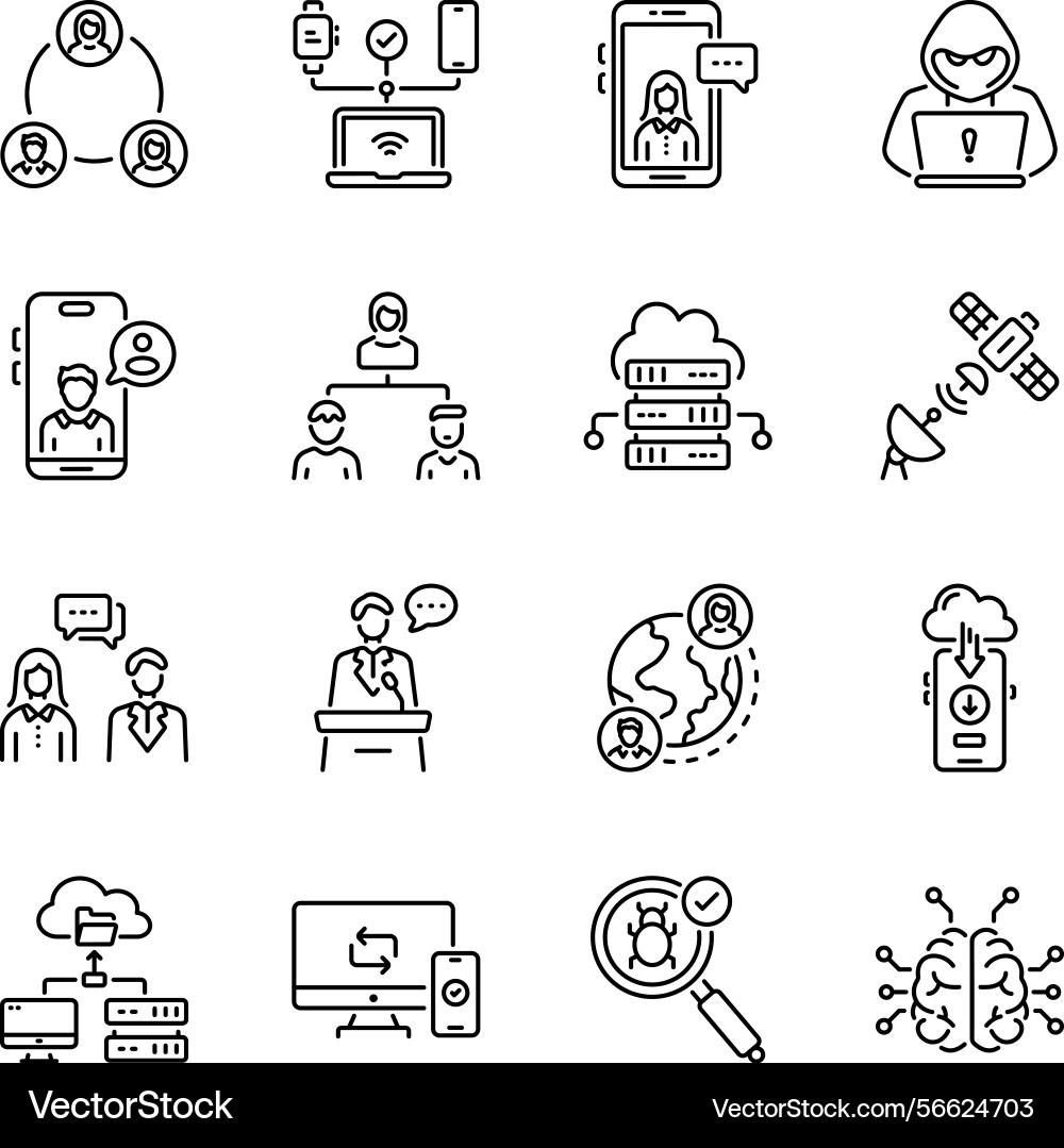 Collection of digital networking linear icons vector image