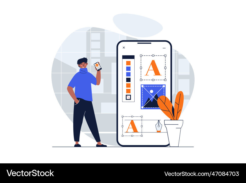 Designer studio web concept with character scene Designer studio web concept with character scene Vector Image
