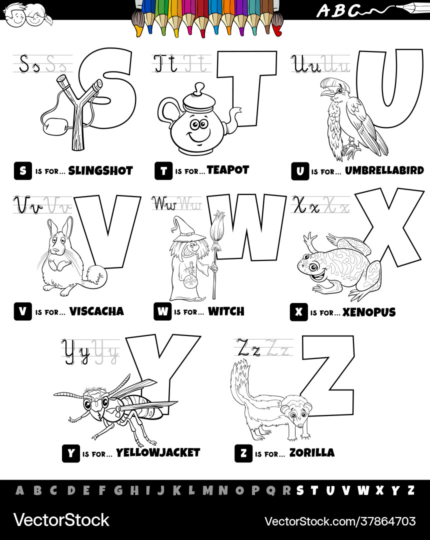 Educational cartoon alphabet set from s to z Educational cartoon alphabet set from s to z vector image