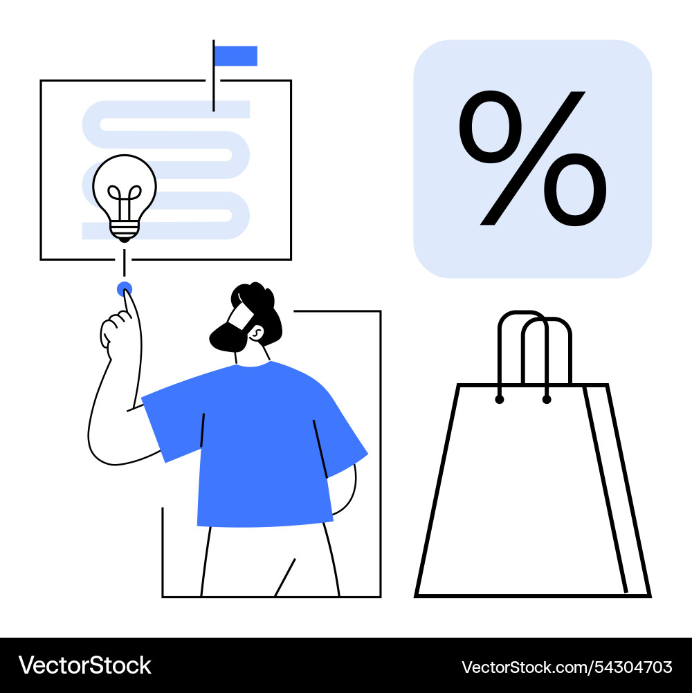 Man pointing at lightbulb with winding path Man pointing at lightbulb with winding path vector image