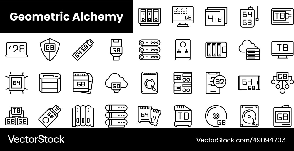 Set of outline gigabyte big data icons Set of outline gigabyte big data icons vector image