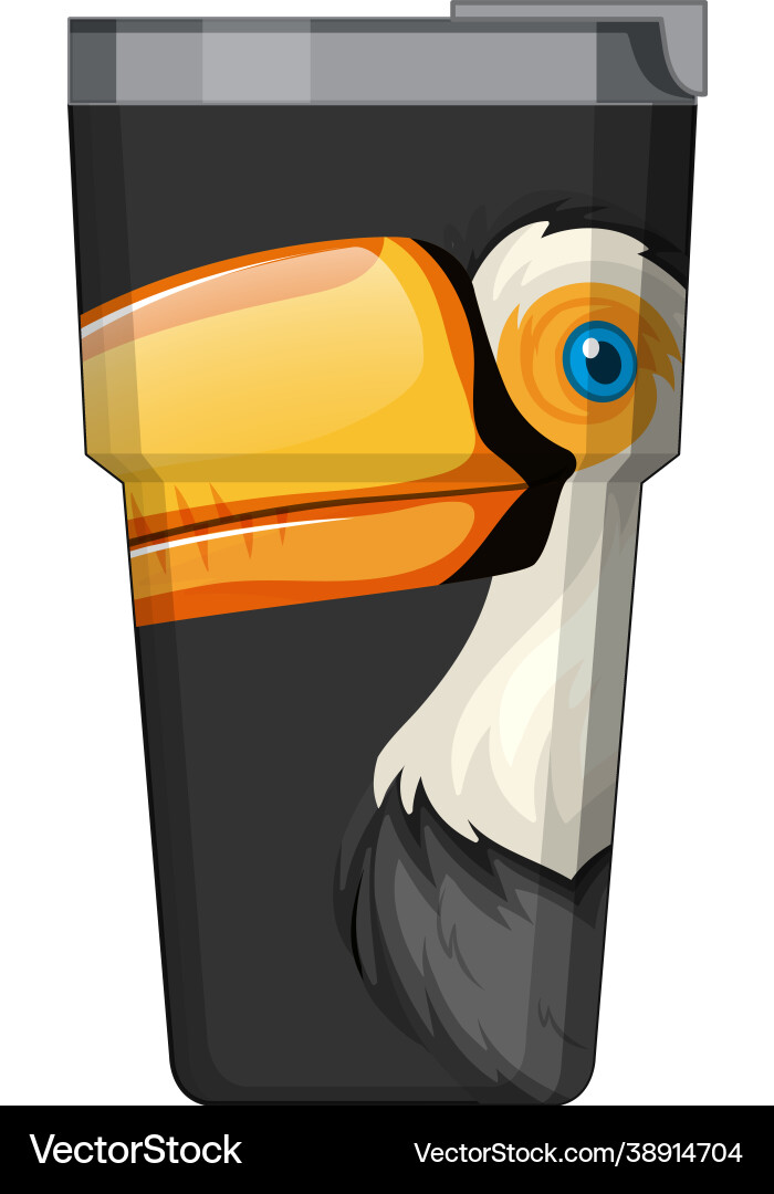 A black thermos flask with toucan bird pattern A black thermos flask with toucan bird pattern vector image