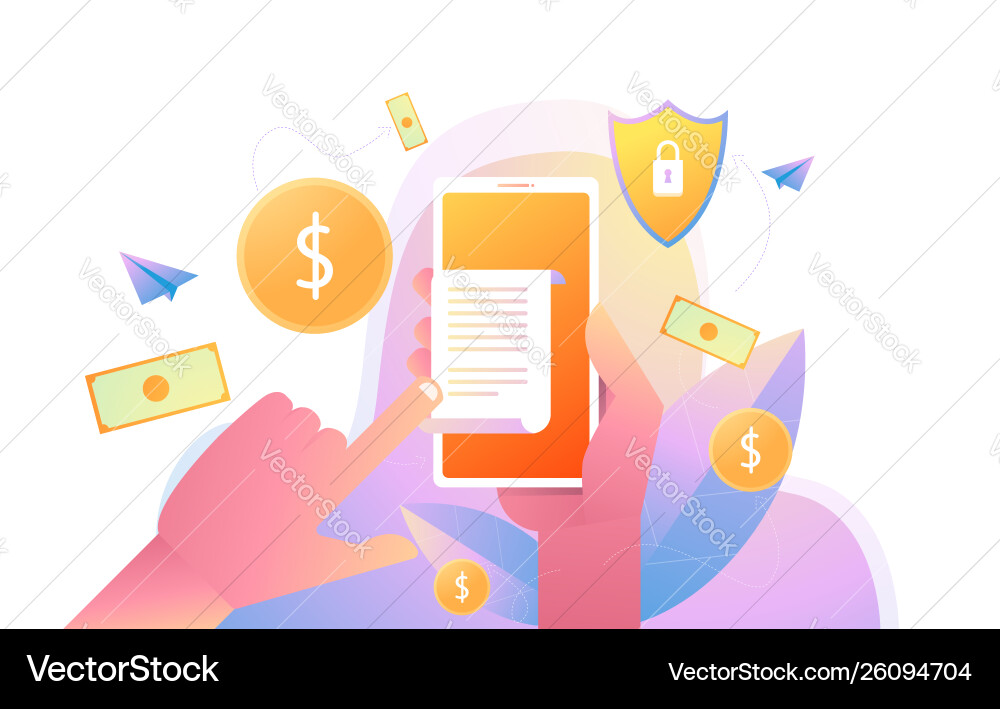 Hand holding smartphone with invoice bill paper Hand holding smartphone with invoice bill paper vector image