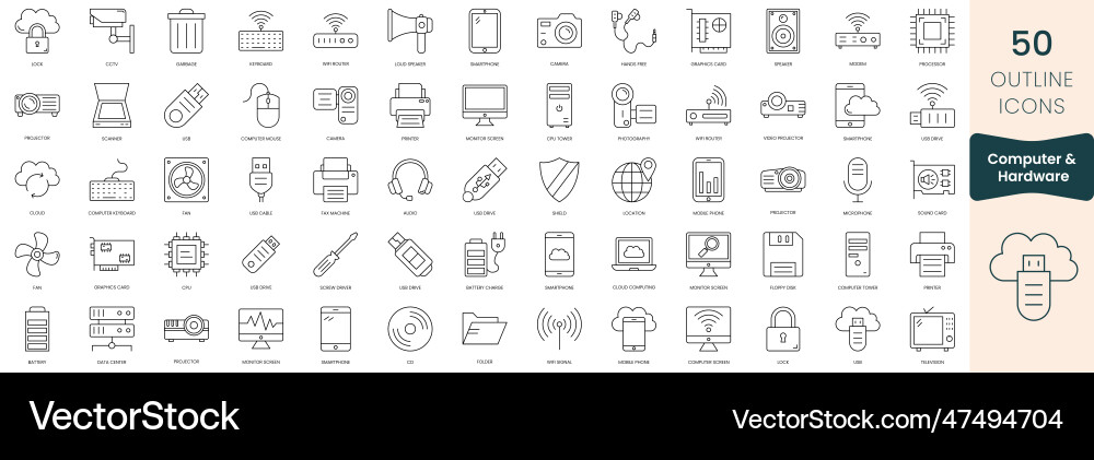 Set of computer and hardware icons thin outline Set of computer and hardware icons thin outline vector image