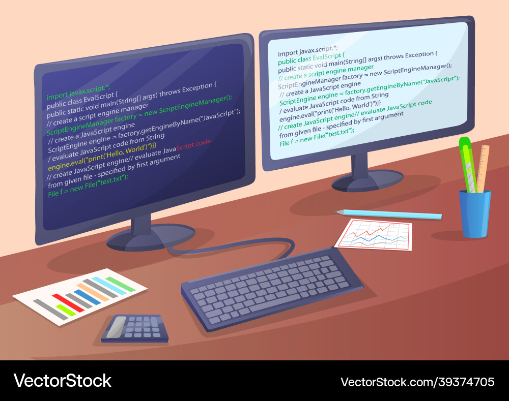 Arbeitsplatz für Büroarbeiter Programmierer mit Code vektorbild