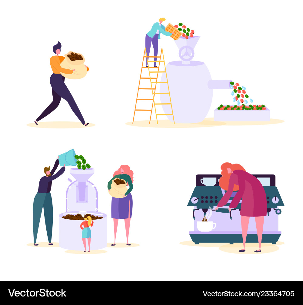 Coffee production machine factory character set Coffee production machine factory character set vector image