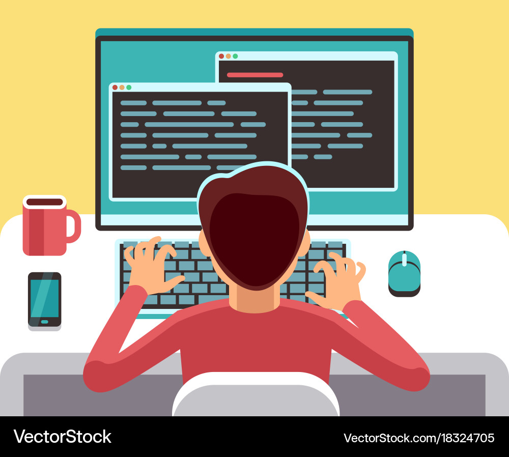 Man Working on Computer with Code vector image