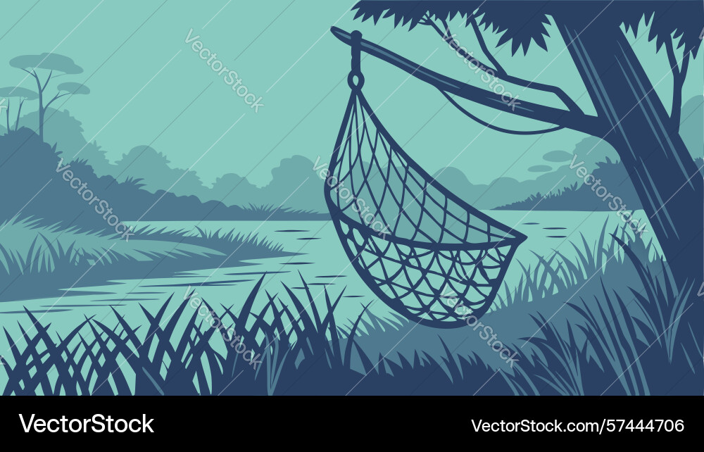 Hammock-like net over serene water scene design vector image