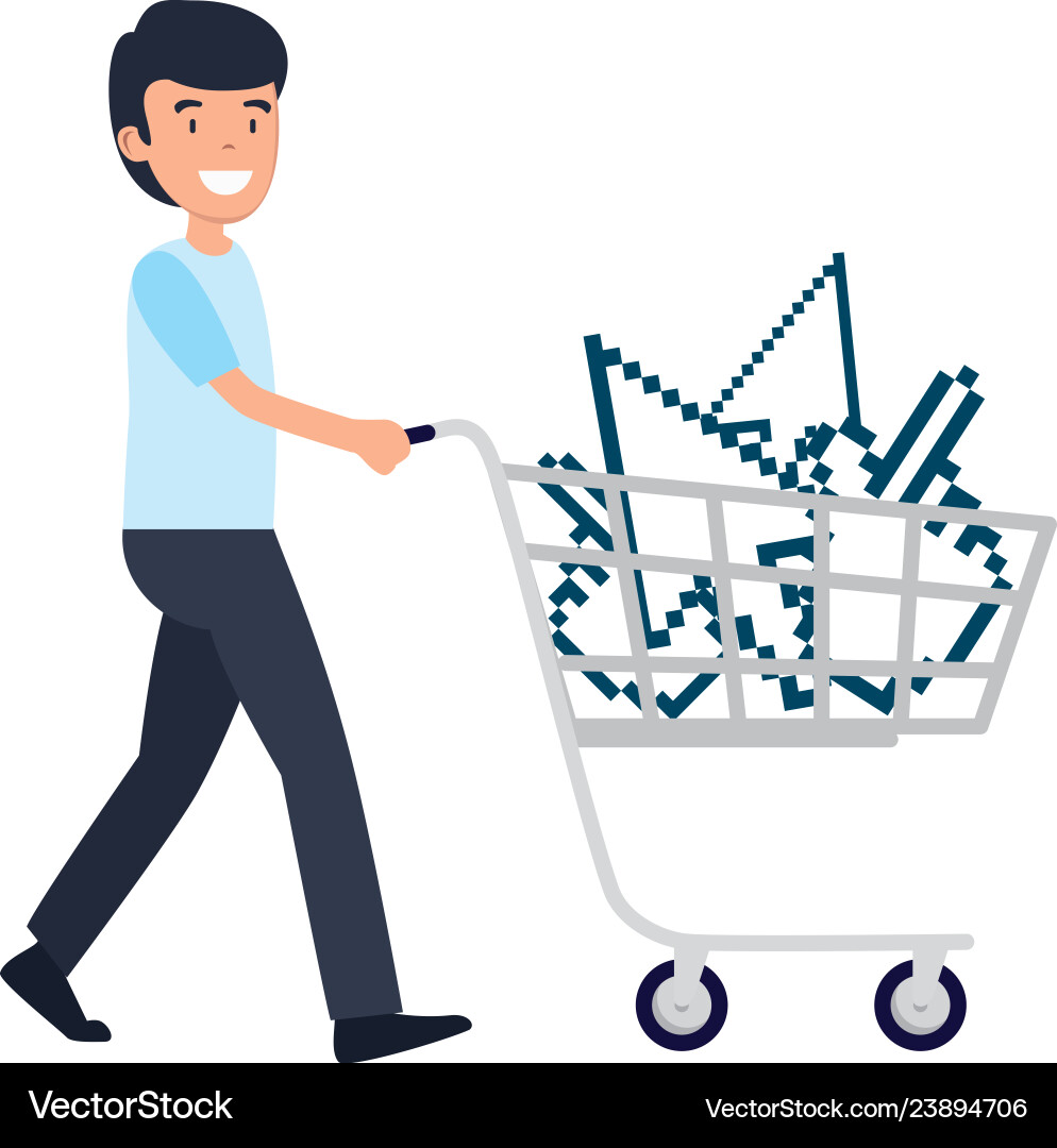 Man with shopping cart and arrows mouse pointers Man with shopping cart and arrows mouse pointers vector image