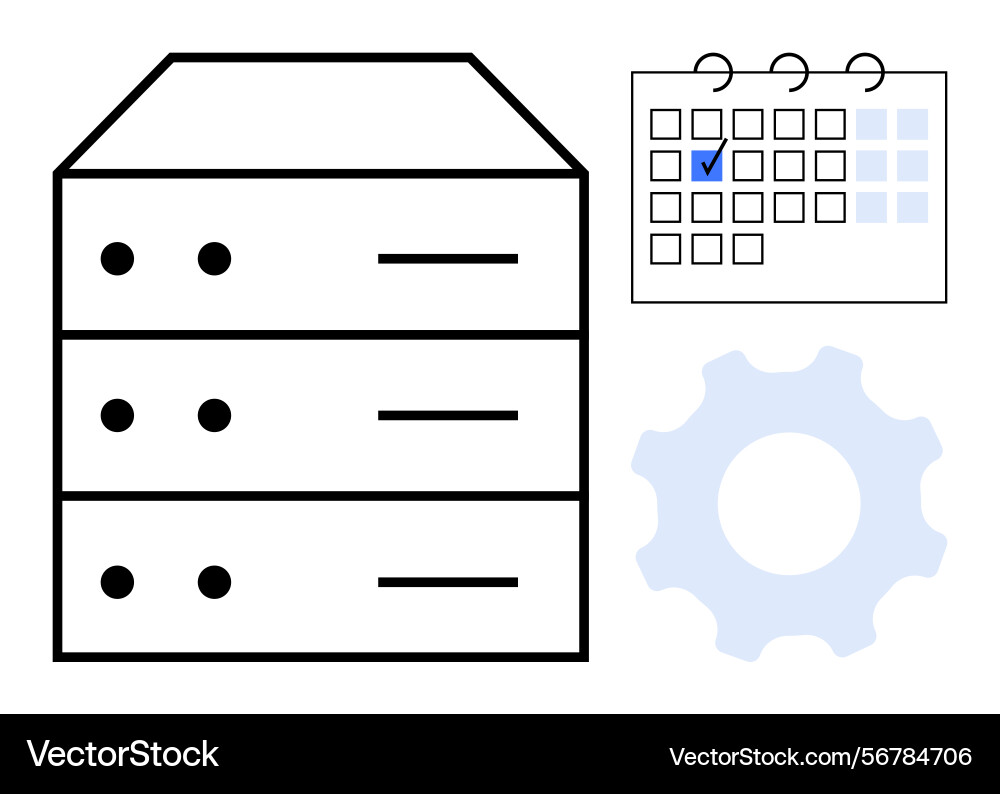 Server stack with gear and calendar highlighting Server stack with gear and calendar highlighting vector image