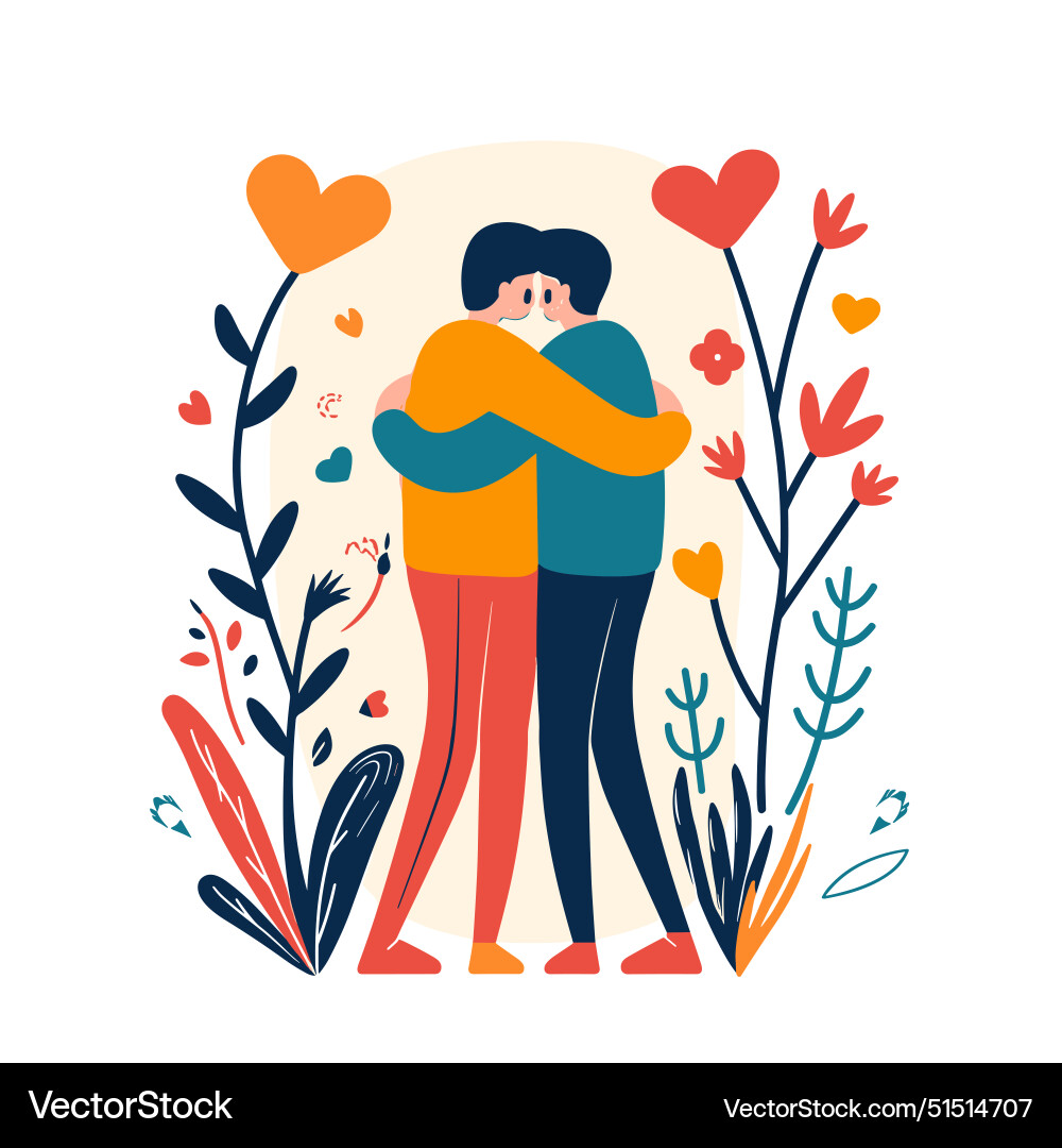 Two animated characters embracing surrounded Vector Image