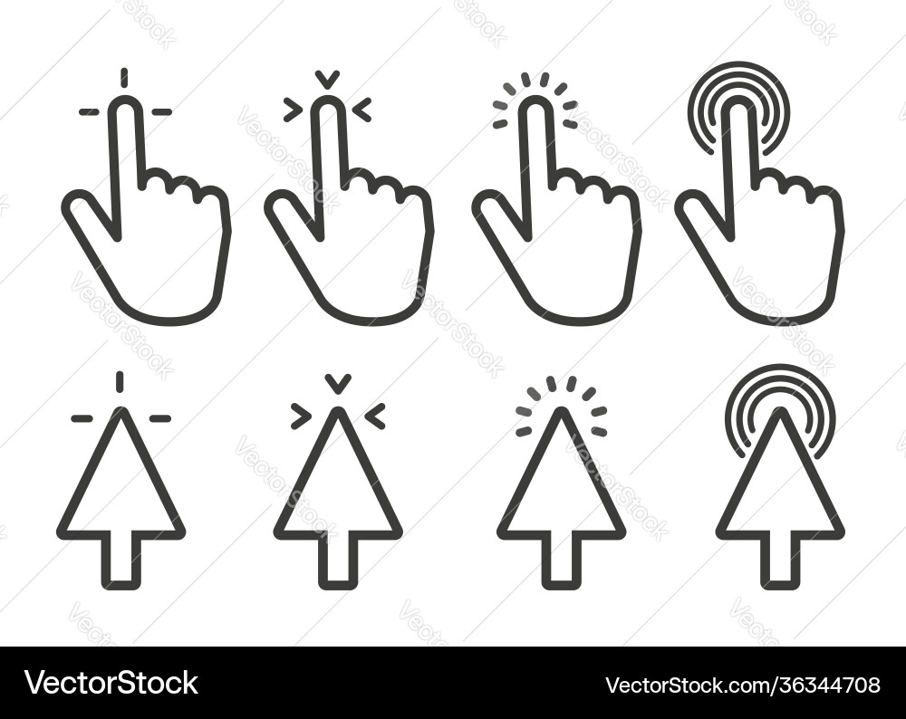Pointer click icon set clicking cursor pointing Pointer click icon set clicking cursor pointing vector image