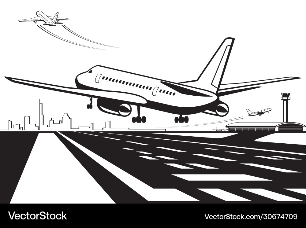 Aircraft touchdown on runway at airport Aircraft touchdown on runway at airport vector image