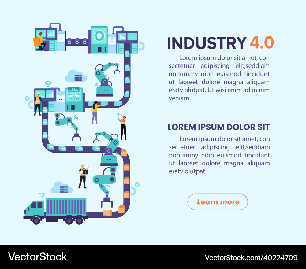 Assembly line with robotic arms control Assembly line with robotic arms control vector image