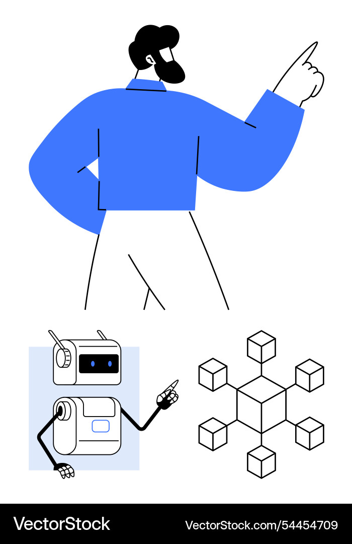 Businessperson pointing with robot and blockchain Businessperson pointing with robot and blockchain vector image