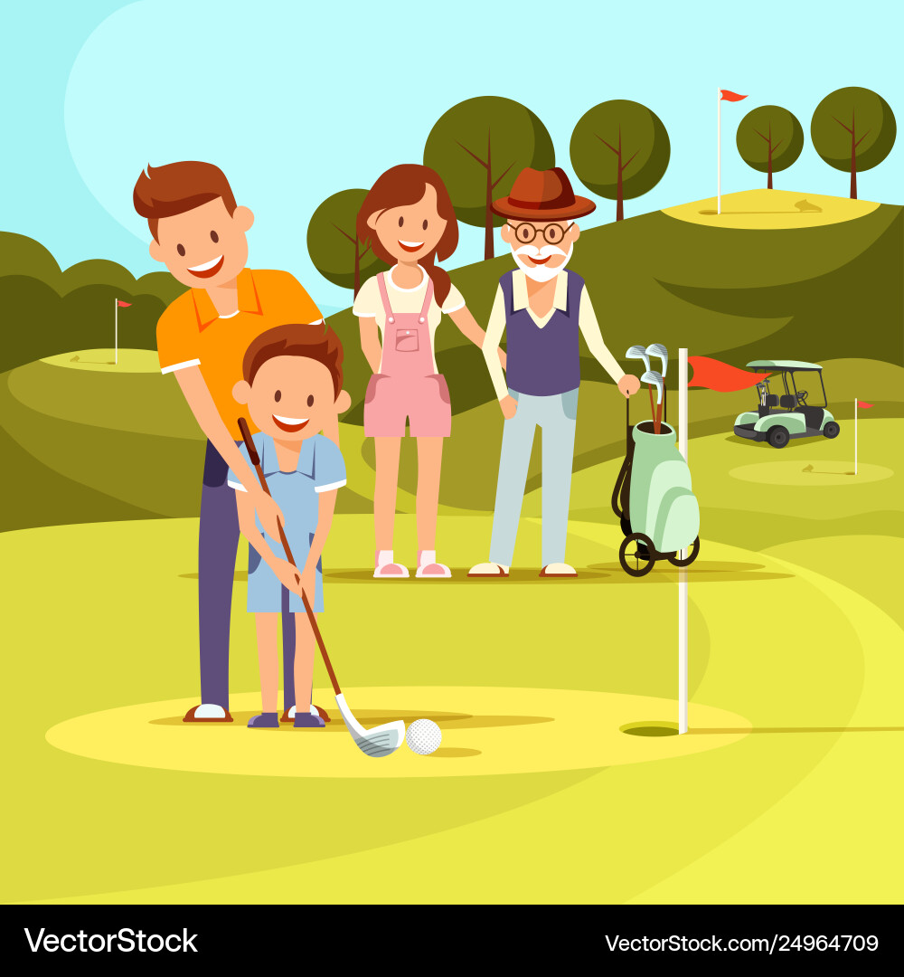 Father teaching son playing golf family watching Father teaching son playing golf family watching vector image