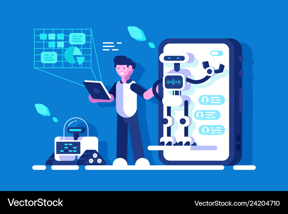 Developer making presentation of chat bot Developer making presentation of chat bot vector image