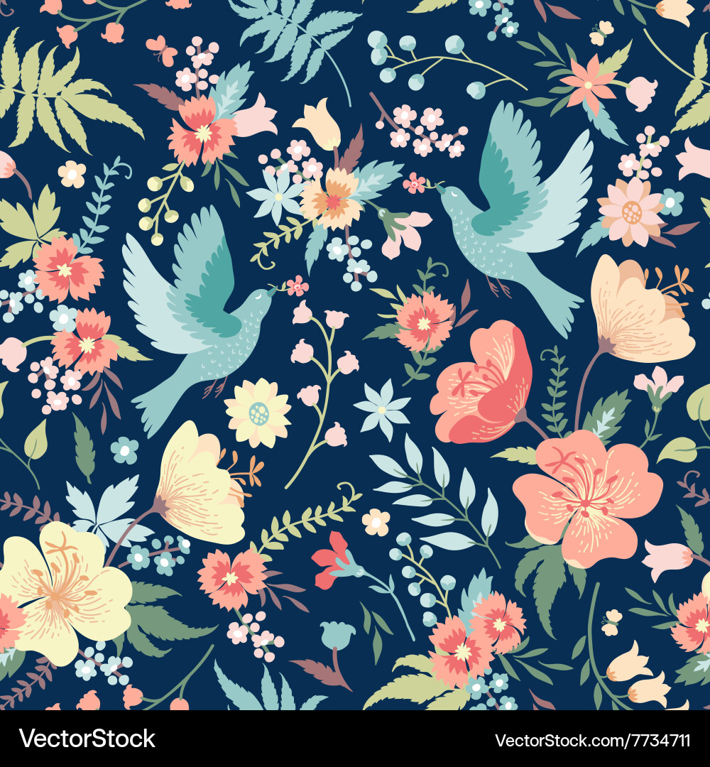 Floral Birds Seamless Pattern vector image