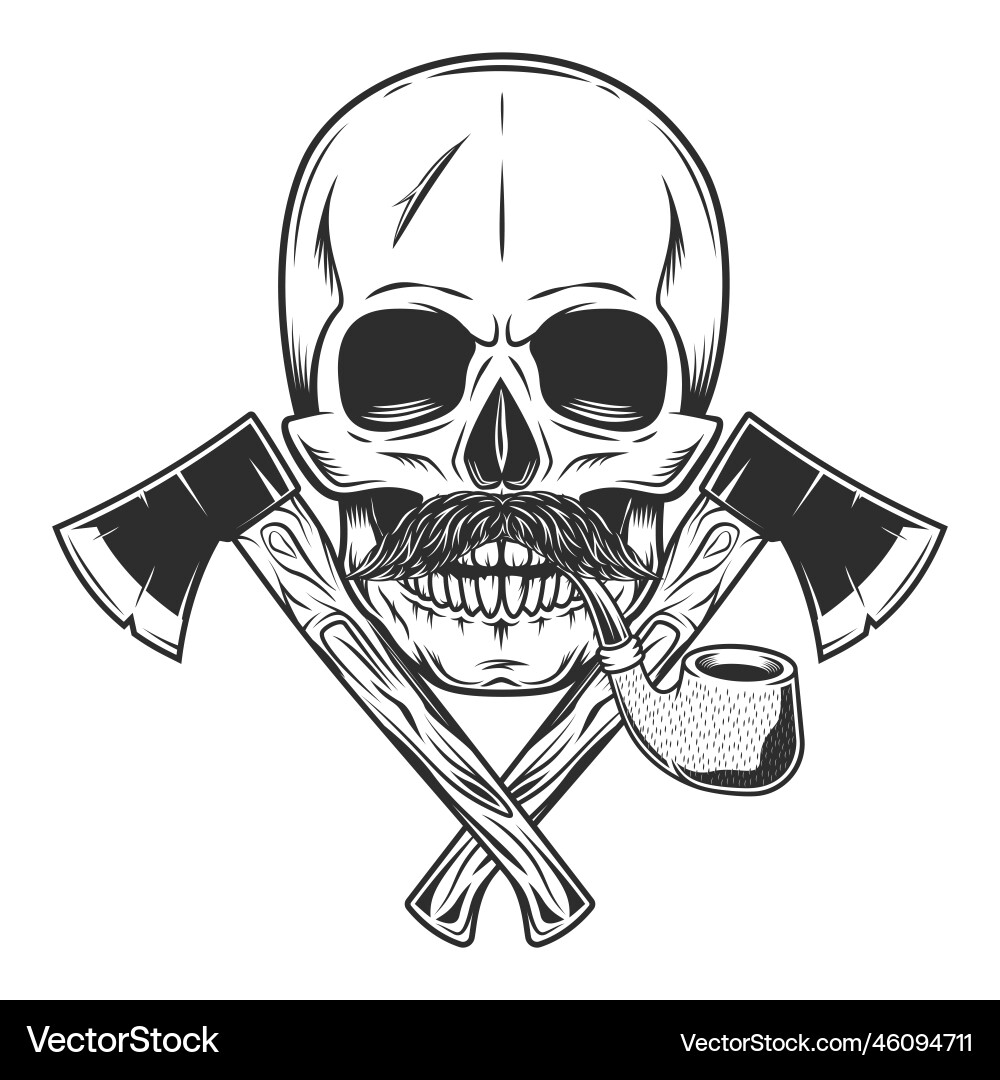 Skull smocking pipe with mustache and axe Skull smocking pipe with mustache and axe vector image