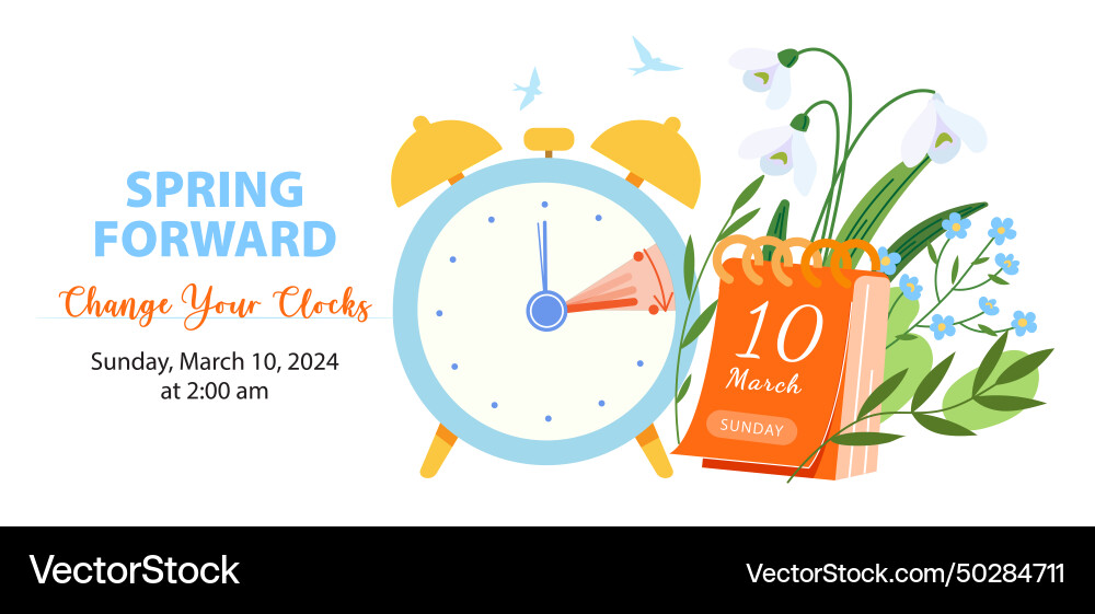 Spring forward 2024 banner alarm clock set Spring forward 2024 banner alarm clock set vector image