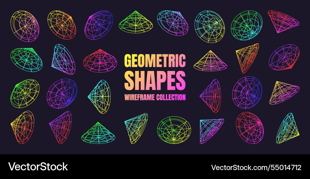 Neon lined wireframe shapes perspective mesh 3d Neon lined wireframe shapes perspective mesh 3d vector image