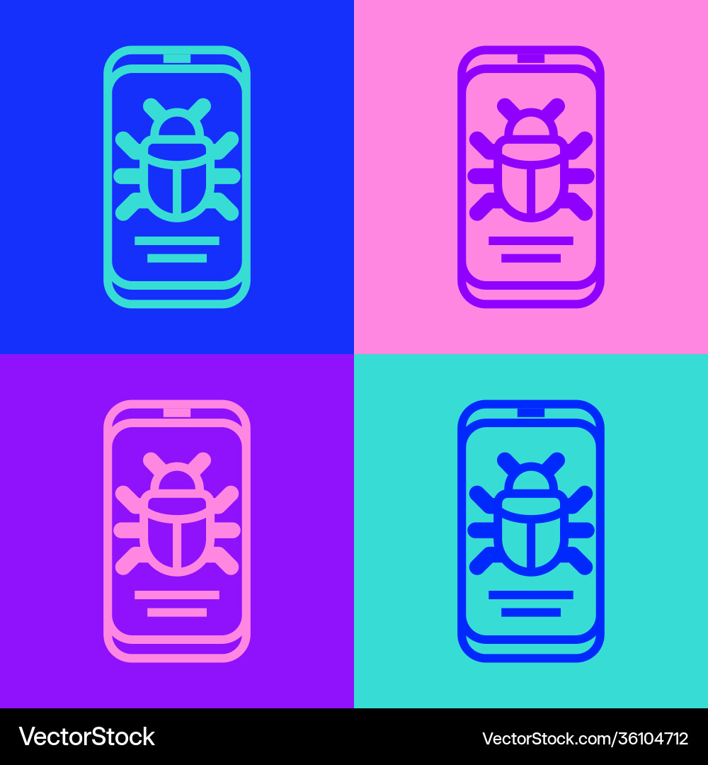 Pop art line system bug on mobile icon isolated Pop art line system bug on mobile icon isolated vector image