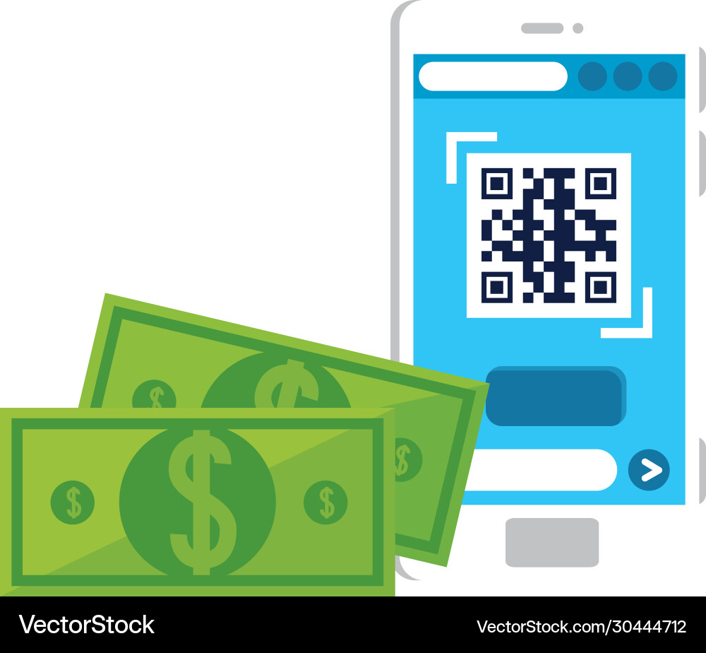 Qr code inside smartphone and bills design vector image