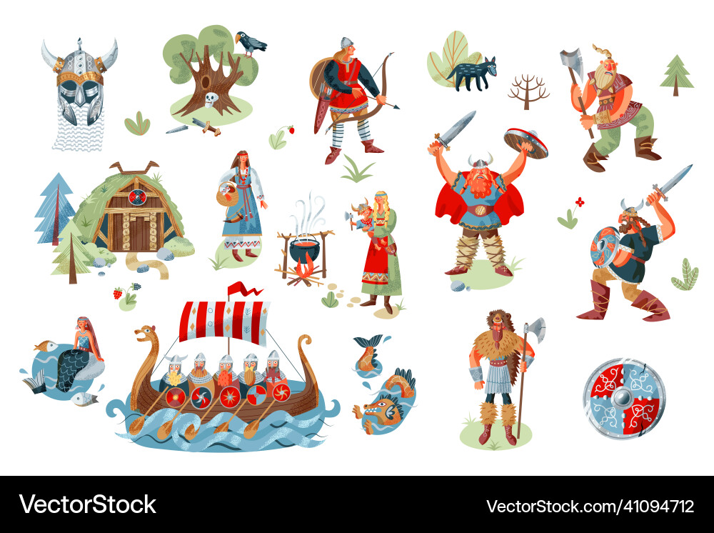 Viking characters and objects set medieval norway Viking characters and objects set medieval norway vector image