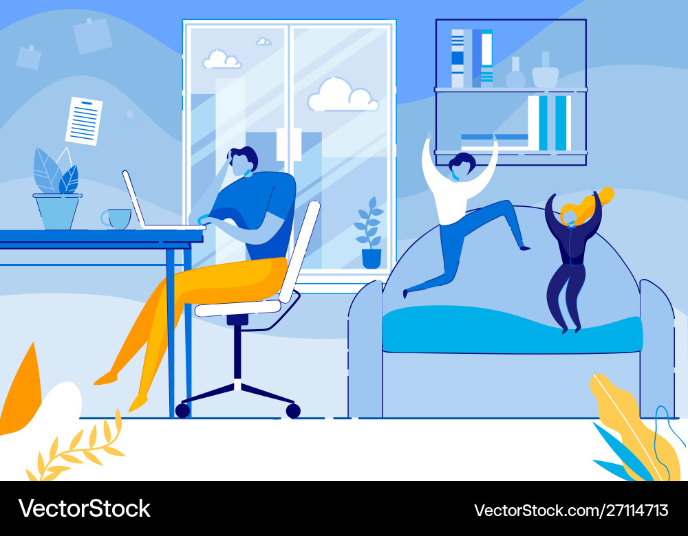 Hyperactive children fooling around jump on sofa Vector Image