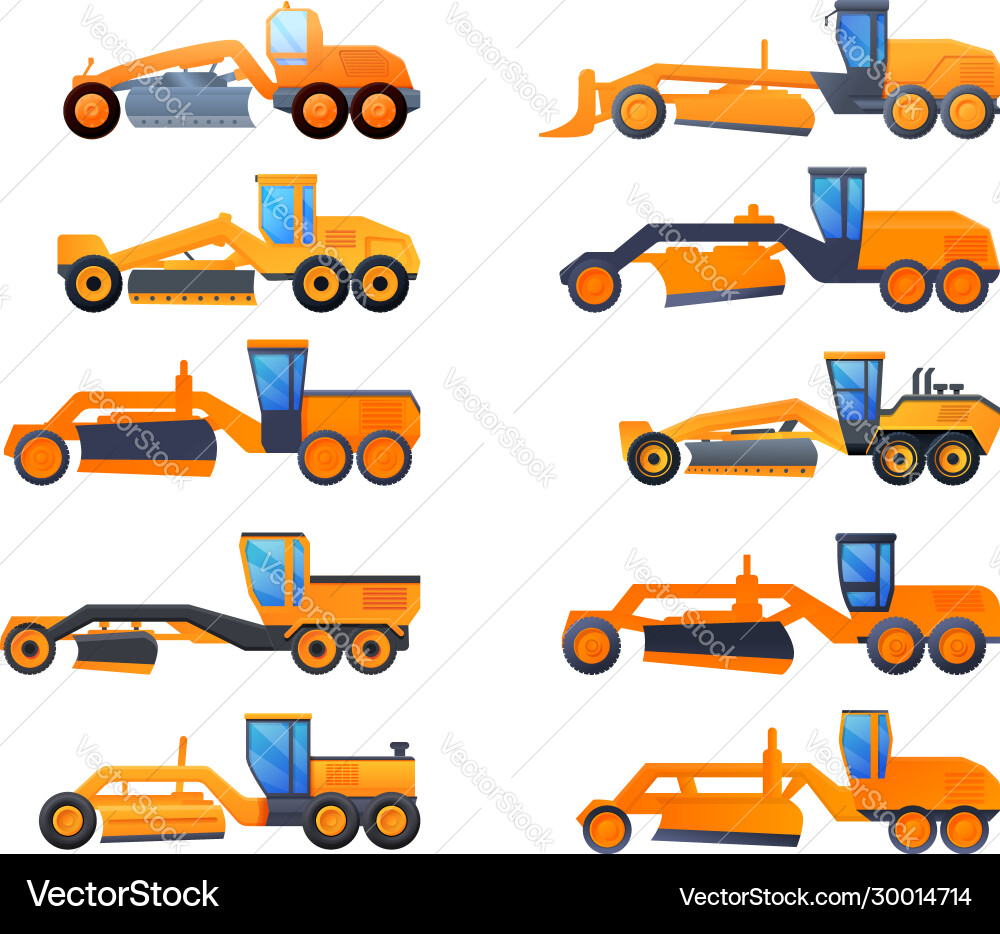 Grader machine icons set cartoon style Grader machine icons set cartoon style vector image