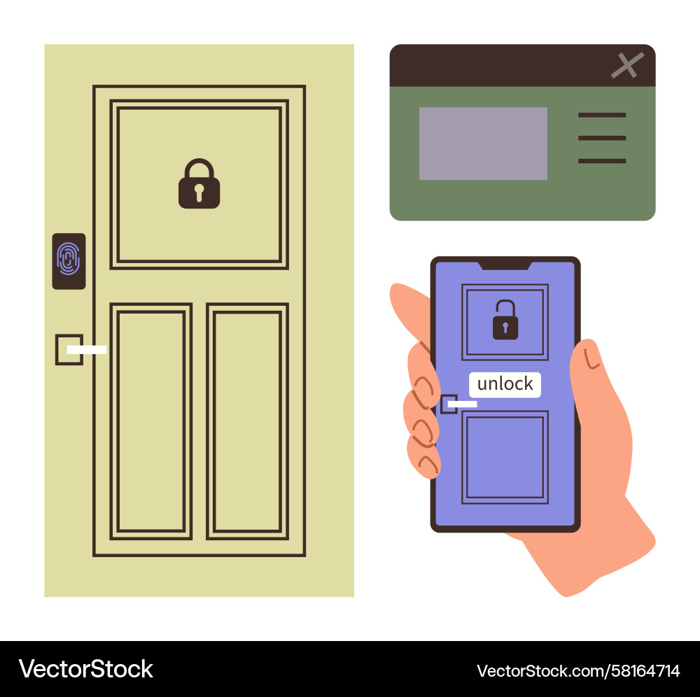 Smartphone unlocking a secure door via fingerprint Smartphone unlocking a secure door via fingerprint Vector Image