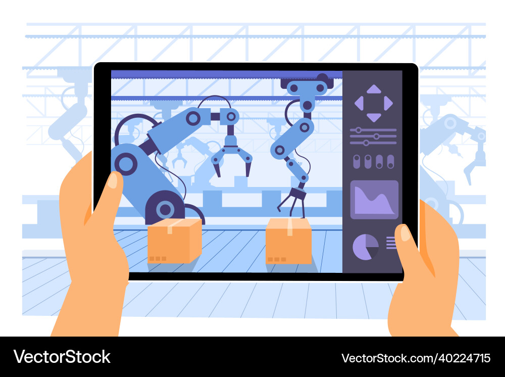 Assembly line with robotic arms control pass Assembly line with robotic arms control pass vector image