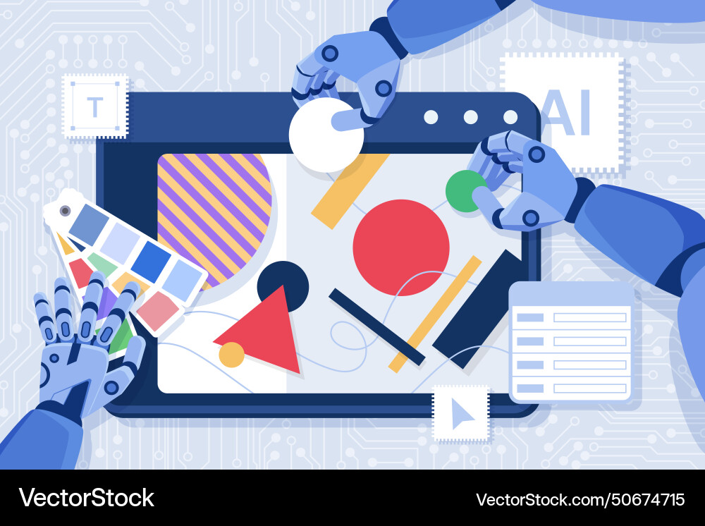 Creation of visual content with ai robot arms Creation of visual content with ai robot arms Vector Image